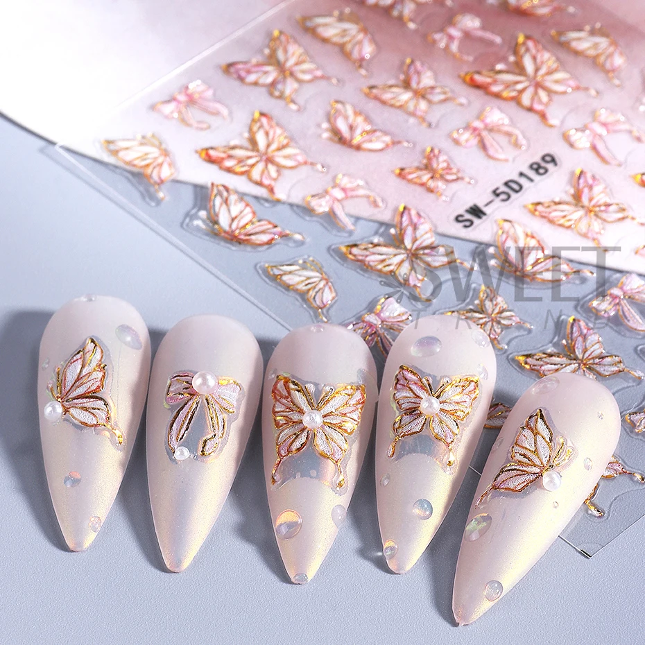 2pcs 5D นูนผีเสื้อสติกเกอร์เล็บ Luxury Glitter Aurora กลีบผีเสื้อตกแต่งเล็บสติ๊กเกอร์ DIY เล็บ Slider