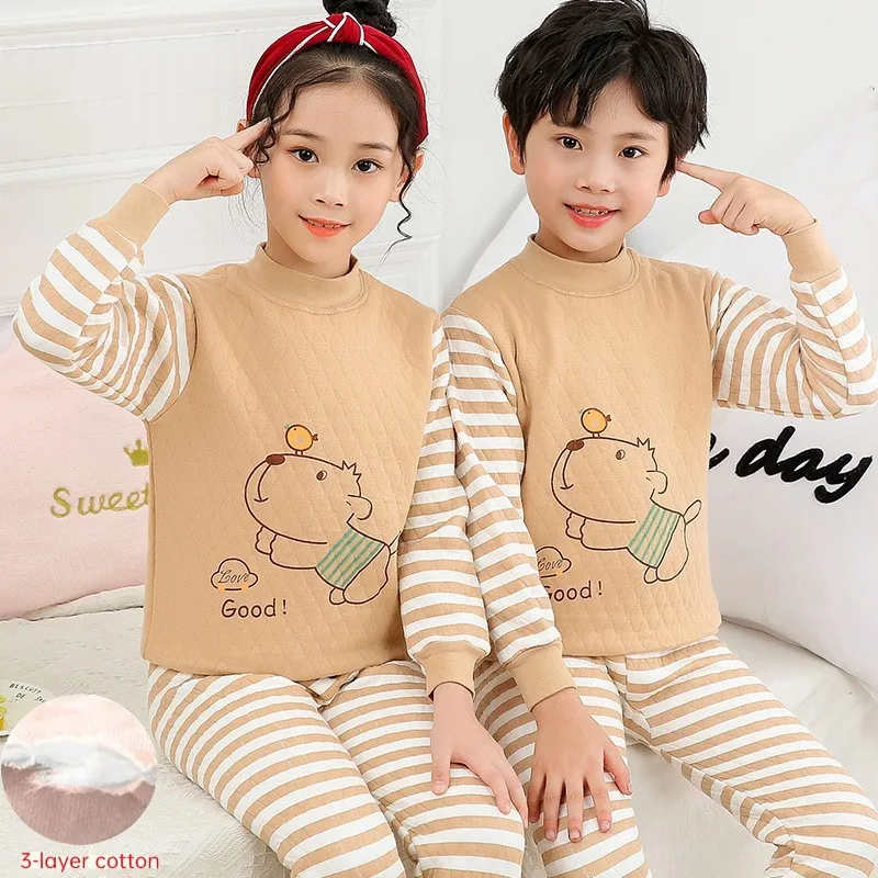 1-5 Years Kid Thermal Underwear Tops+Pants 2-Piece Clothing Set Cartoon Winter Autumn Baby Boys Girls Cotton Pajama Casual Suit