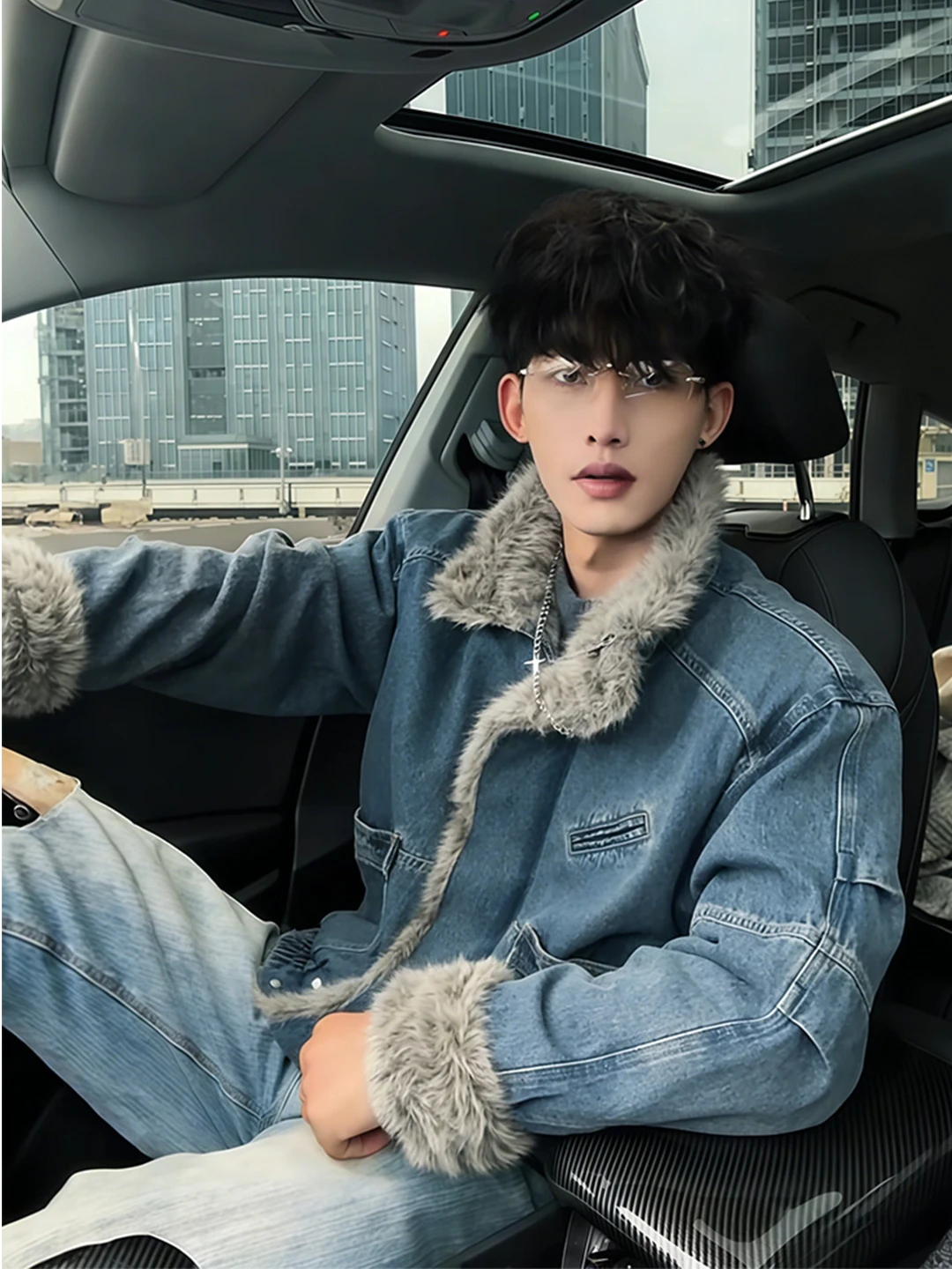 

Blue Quilted Denim Jaet Men's Winter ort Cotton Coat oulder Width Waed Fur Collar Casual Warm Thiened Long Sve