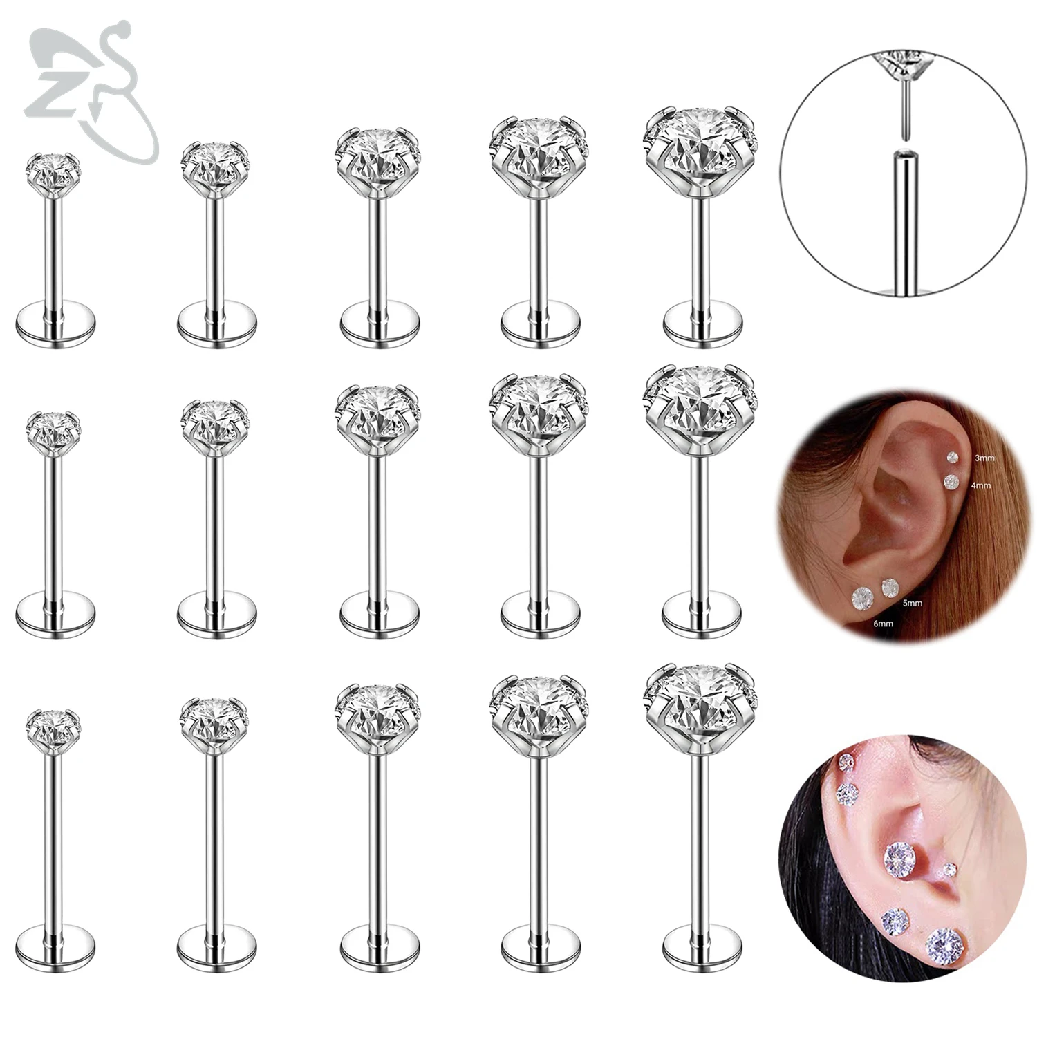 

ZS 5 Pcs/lot 0.8/1/1.2mm Stainless Steel Plug In Style Lip Labret Piercing Crystal Lip Stud Ear Helix Conch Cartilage Piercings