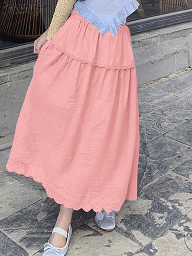 Zanzea mulheres sweety saias vintage rendas costura a linha overskirt férias cintura elástica jupes 2025 moda coreana sólida faldas