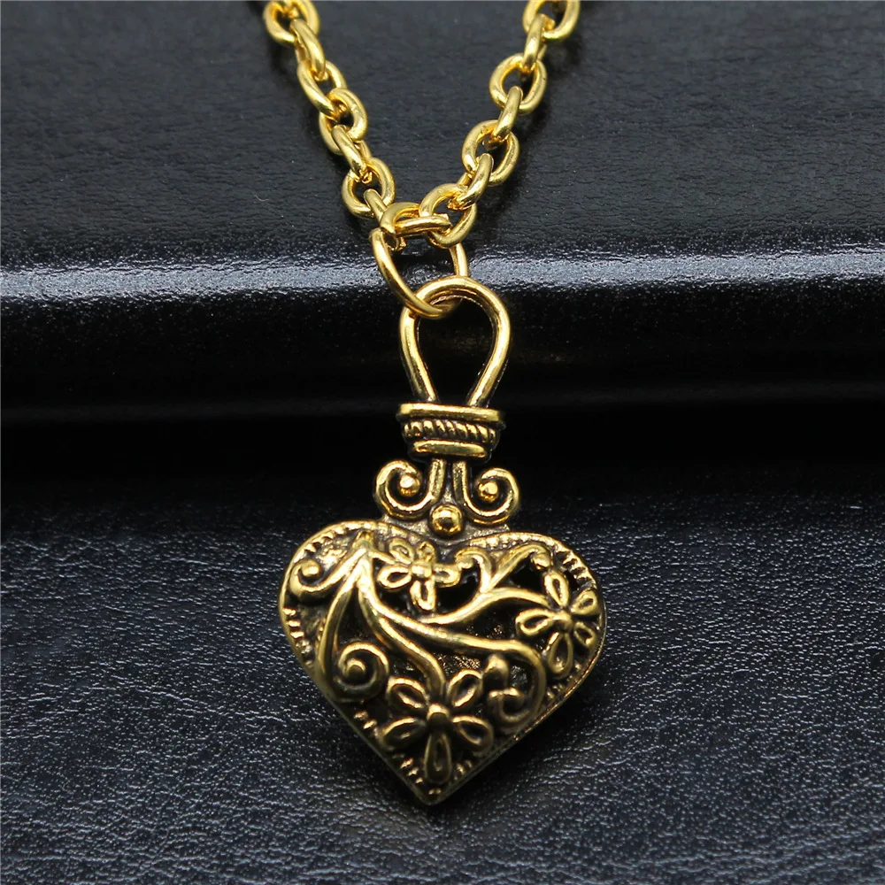 Vintage 2 Colors 31x19x9mm Vintage 3D Hollow Flowers Heart Pendant Necklace Long Chain Necklace Jewelry Accessories