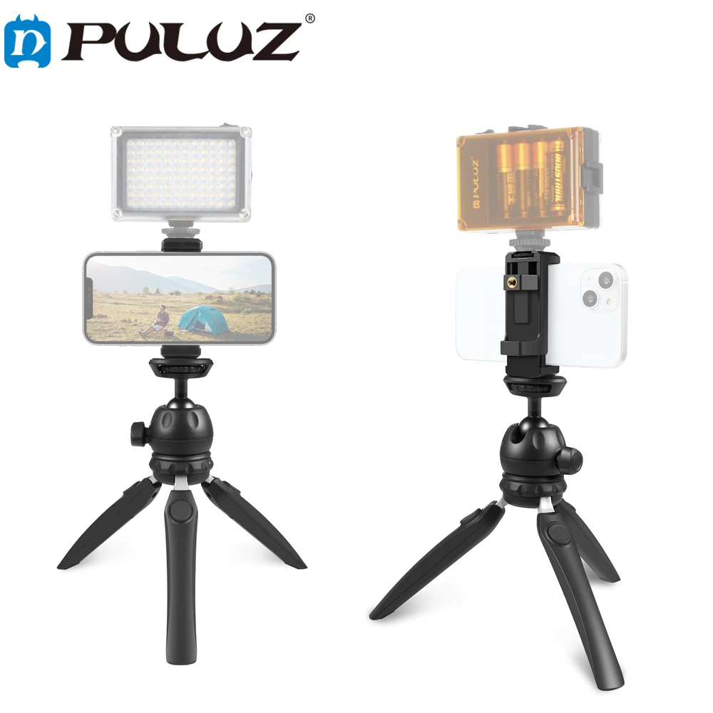 PULUZ Universal Smartphones Mini Holder VLOG Live Stabilizer Stand Adjustable Tripod with Phone Clamp LED Fill Light