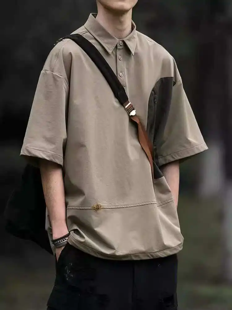 

Composite Color Blocked Short Sleeved Shirt For Men's Summer New Item, Pocket Zipper Loose Pullover Shirt T-shirt