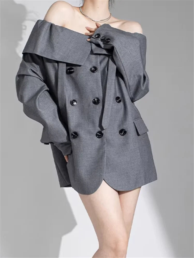 New Design Chic Loose Grey Suits Blazer Slash Neck Off Shoulder Oversize Long Jacket Coat Lazy Style Chic Double Breast Outwear