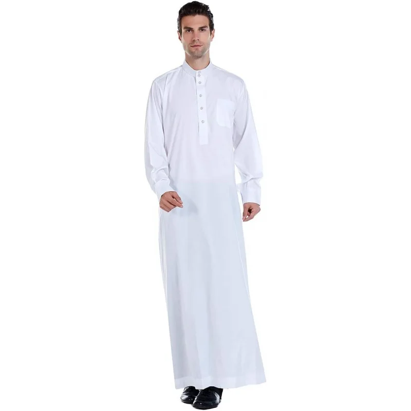 

Men Arabic Long Sleeve Pure Color Thobe Crew Stand Collar Kaftan Robe with Button
