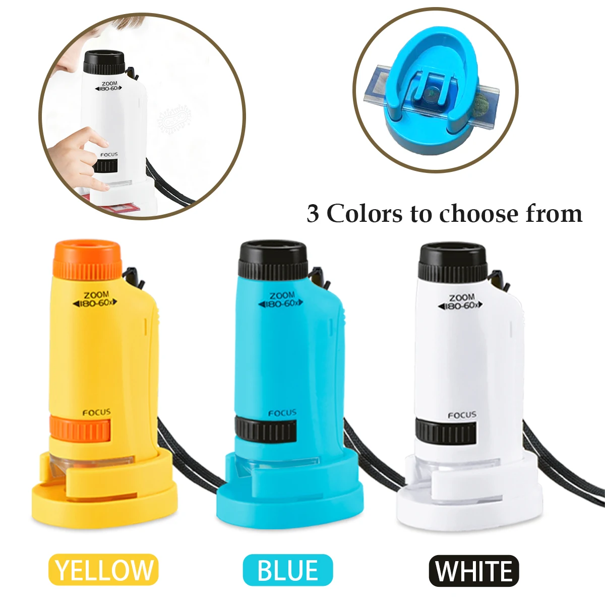 Mini Microscope Handheld Toys kits,  Microscope with LED Lights and 2 AG13 Button Batteries, Biological Science Gifts for Kids