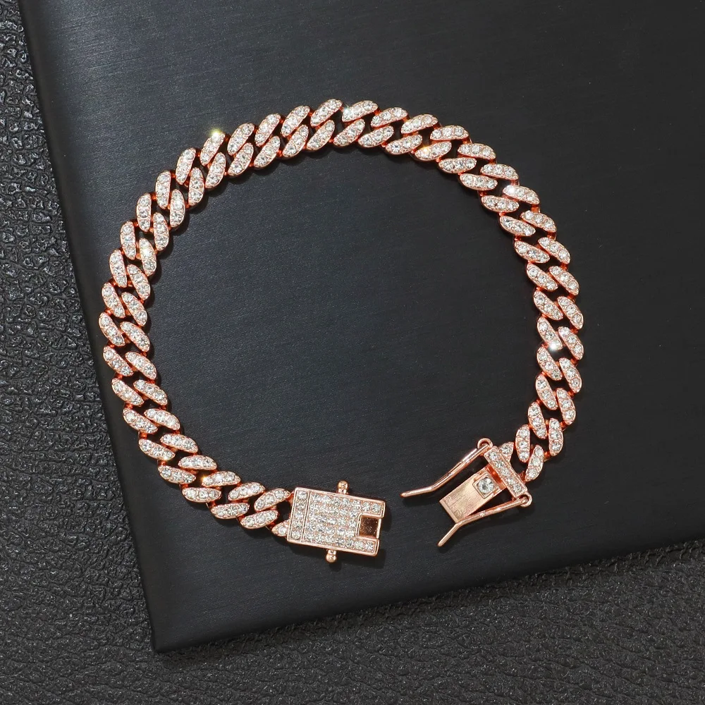 8mm Rose Gold Color Miami Cuban Link Chain Bracelet Iced Out Bling Rhinestone Cuban Anklet Jewelry Men Women Men Hip Hop