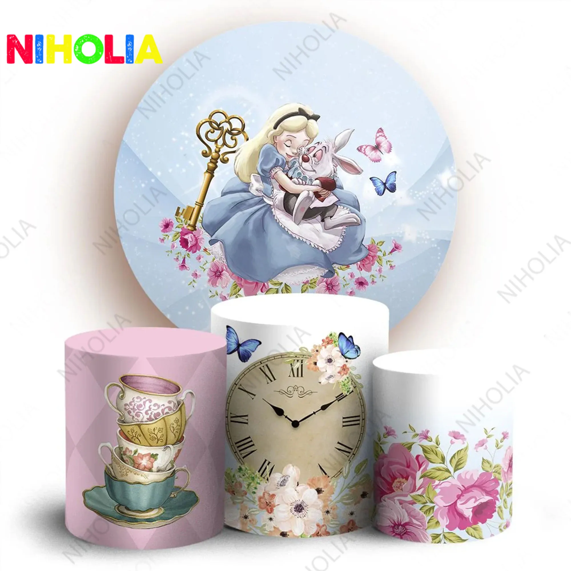 Alice in Wonderland Round Backdrop Girls Birthday Party Cylinder Covers Baby Shower Circle Covers Photography Props