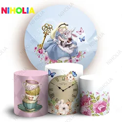 Alice in Wonderland Round Backdrop Girls Birthday Party Cylinder Covers Baby Shower Circle Covers Photography Props