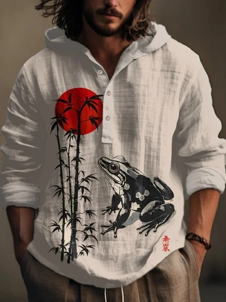 

Мужская рубашка с капюшоном из японского художественного принта в стиле бамбуковой лягушки, модные рубашки с длинными рукавами в стиле ретро 2025 на пуговицах, топы цвета хаки с журавлем