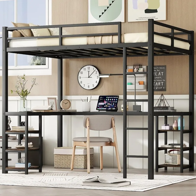 Full Size Loft Bed with Desk and Storage Shelves, Heavy Duty Loft Bed with Desk and Ladder