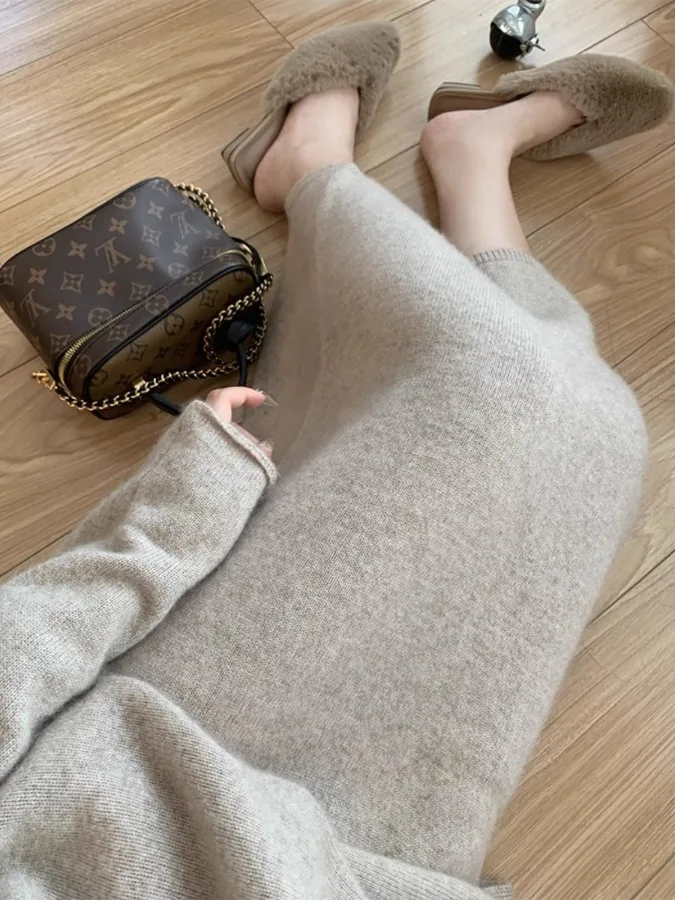 

Premium Knitted A-Line Skirt Women's Sweet Sle Ciwalk PVC Fabric mid Waist Elastic Waist Autumn Winter Slim Fit