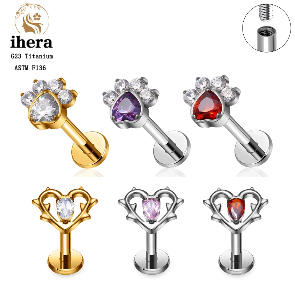 Flat Back Labret Stud - ASTM F136 Titanium Heart CZ Earring