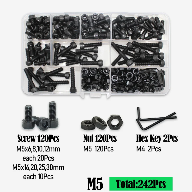 Schwarzes Sechskantschrauben-Sortiment-Kit m2 m2, 5 m3 m4 m5 m6 din912 2,5 Sechs kant Innen sechs kant kappe metrische Inbus muttern Schrauben und Unter leg scheiben – Detail 12