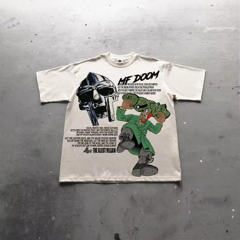 أفتح الزي الفريد المحبوب من قبل الأزياء الجرافيك تي شيرت خمر Illest الشرير Mf Doom نمط مطبوعة القطن الرجال تي شيرت