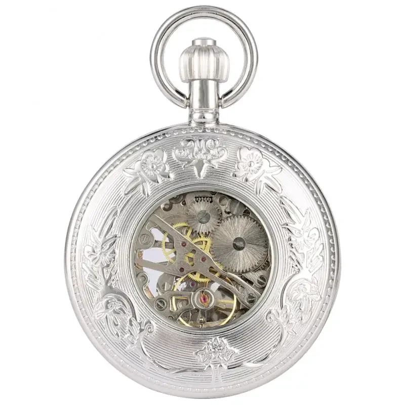 Bronze Silver Phoenix Mechanical Hand Wind Pocket Watch Half Hunter Hollow Skeleton Watch Pendant Fob Chain Clock Hours Gifts
