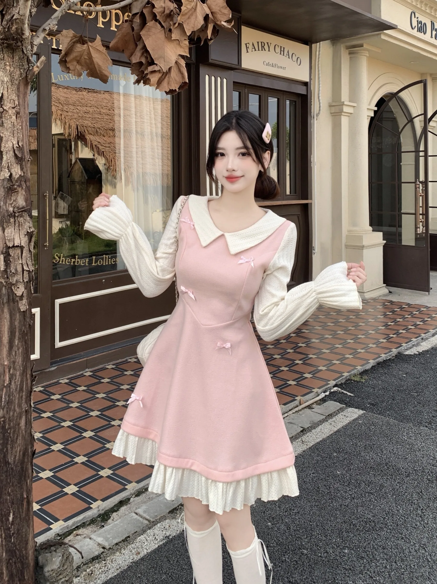 

plus Size Women's Sweet Sle Pink Woolen Skirt Dr with Bowknot Collar A-Line Autumn Winter New Waist Cinching Dres