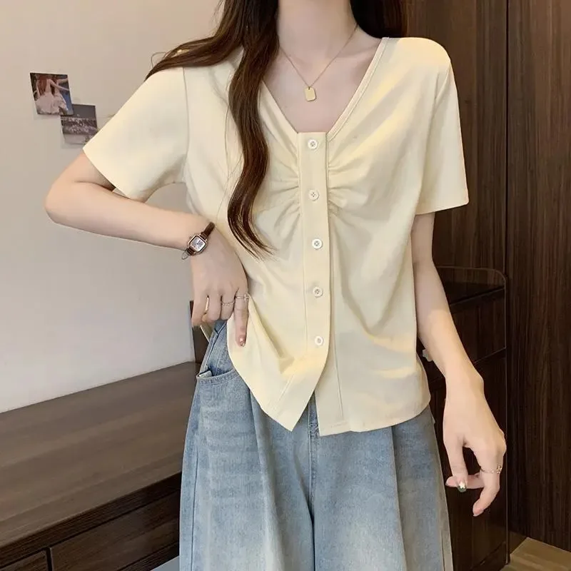 Women's V-Neck Ruched Front Button Down Short Sleeve T-Shirt Casual Solid Color Slim Fit Crop Top