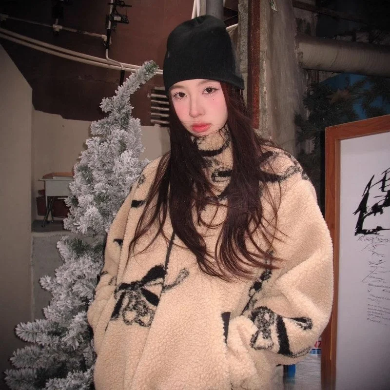 

Lamb New Knot Loose Fce Women's Design Sense Zipper Top Coat Winter Stand Collar Thiened Long Sve Polyester