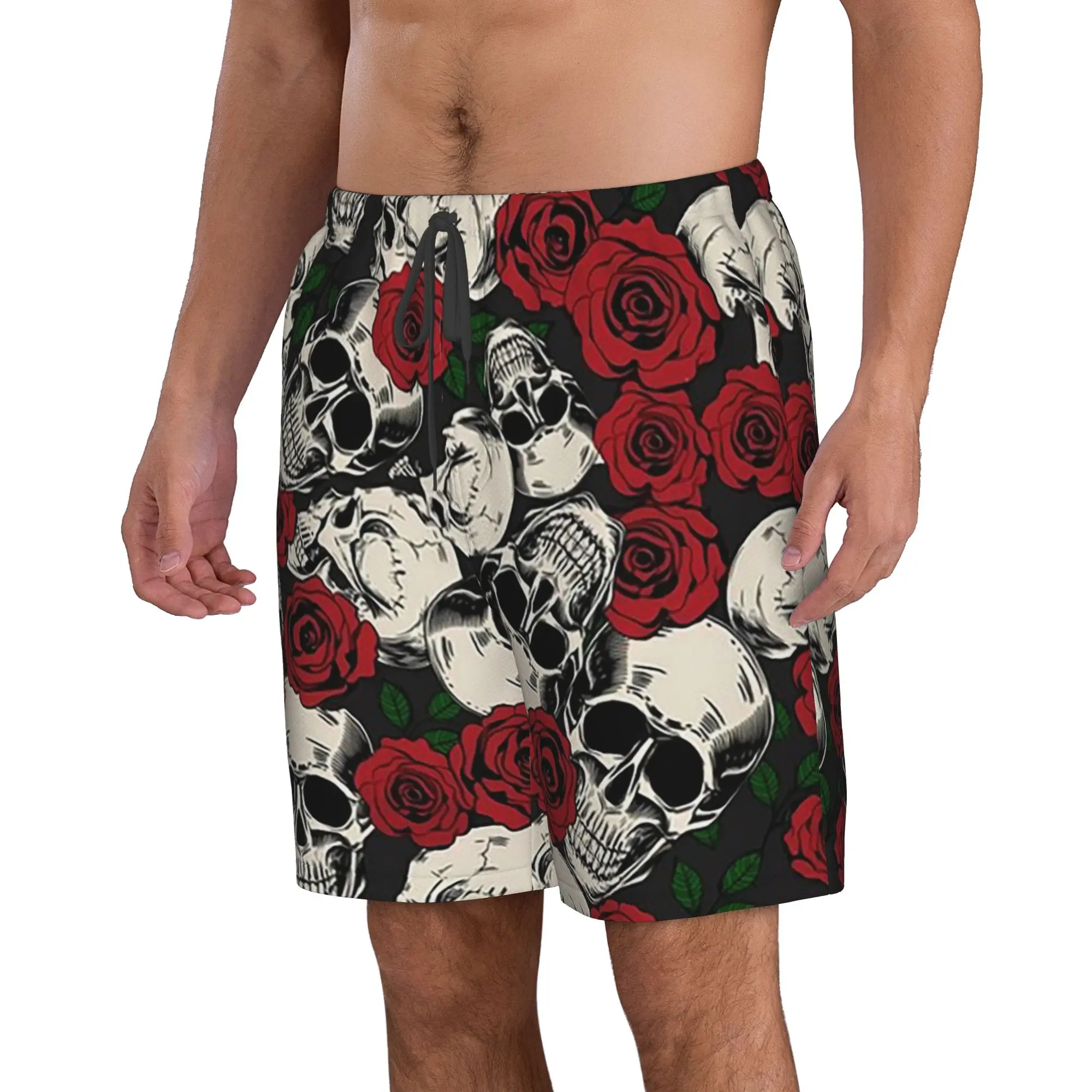 Vintage Skulls & Roses Pattern Trunks Beach Board Shorts Casual Quick Dry Swim Summer Men Pants