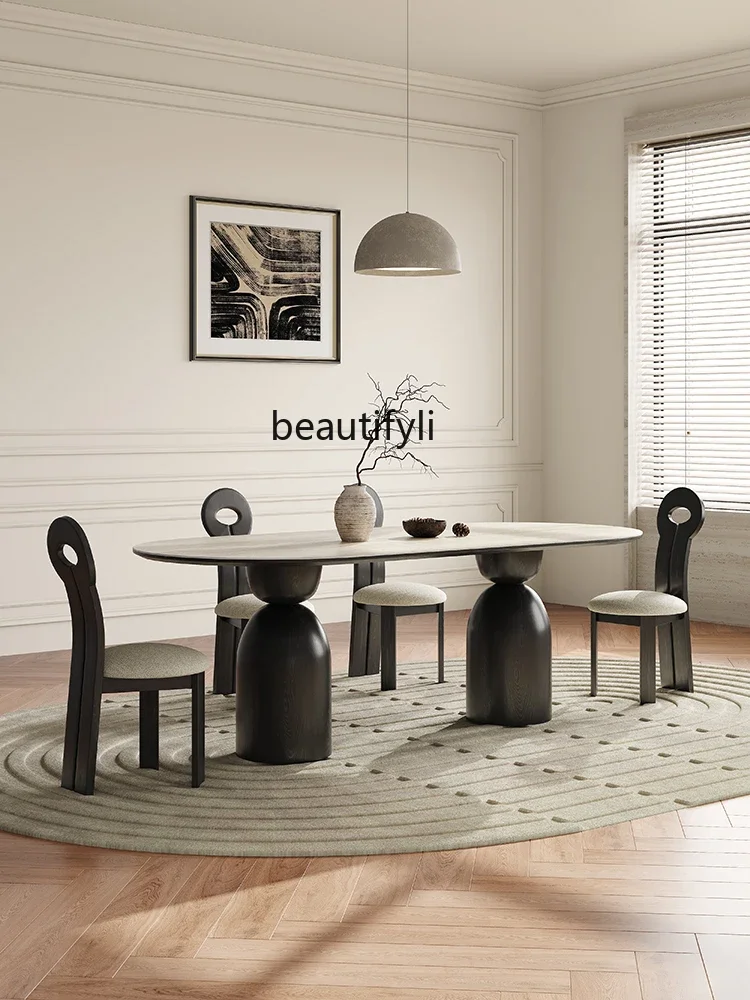 

Solid Wood Dining Table Oval Household Small Apartment French Cream Style Modern Simple and Light Luxury Matte