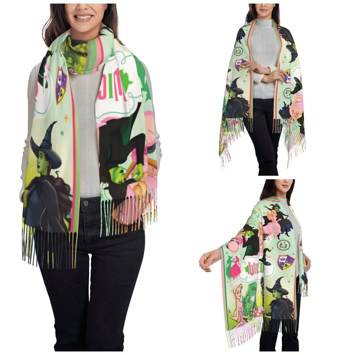 Wicked For Good Scarf for Women Warm Winter Cashmere Shawl Wrap Witch Wizard Fantasy Large Scarves with Tassel for Ladies