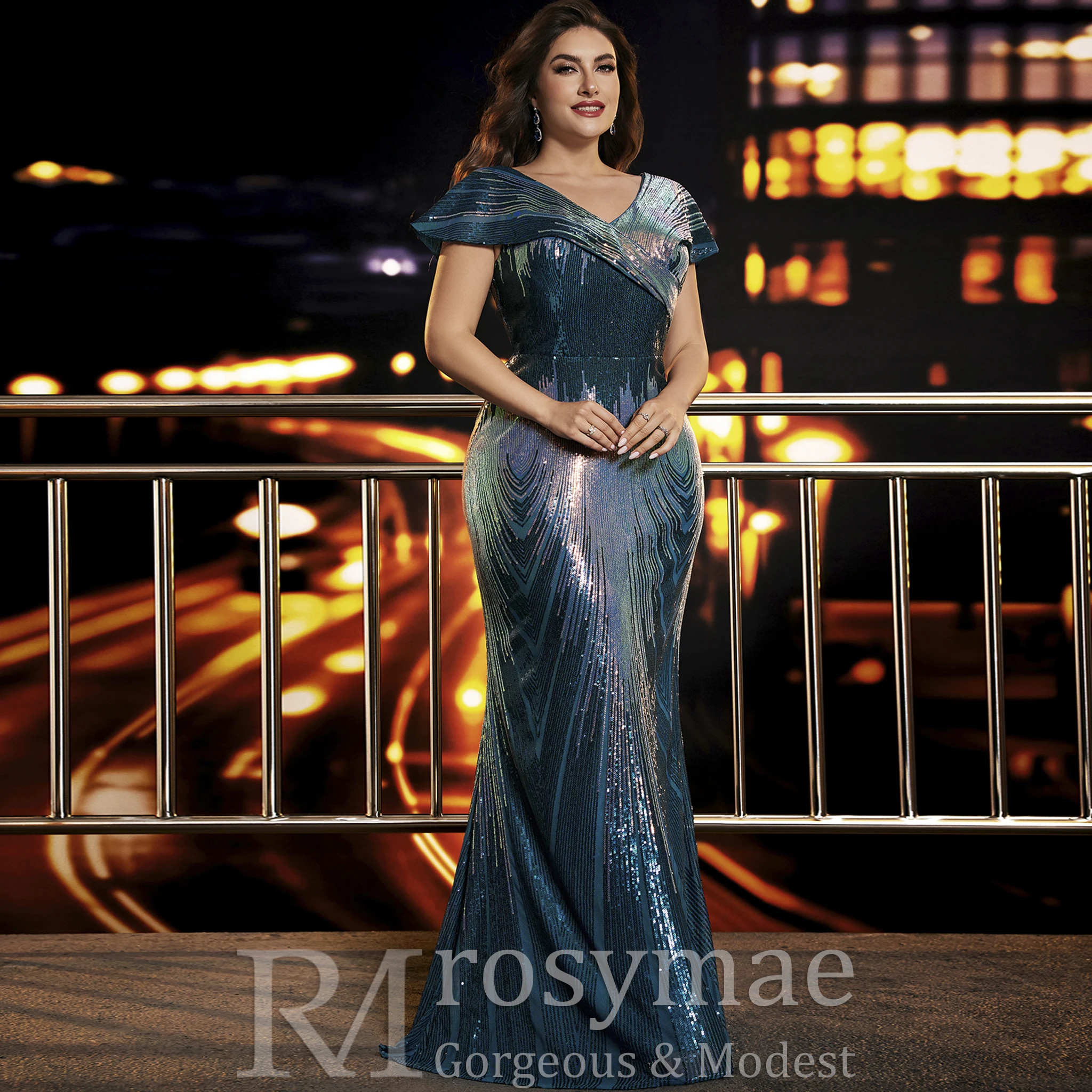 Rosymae Plus-Size Mermaid Formal Dress Elegant V-Neck Capped Sleeve Long Gown for Weddings And Formal Events