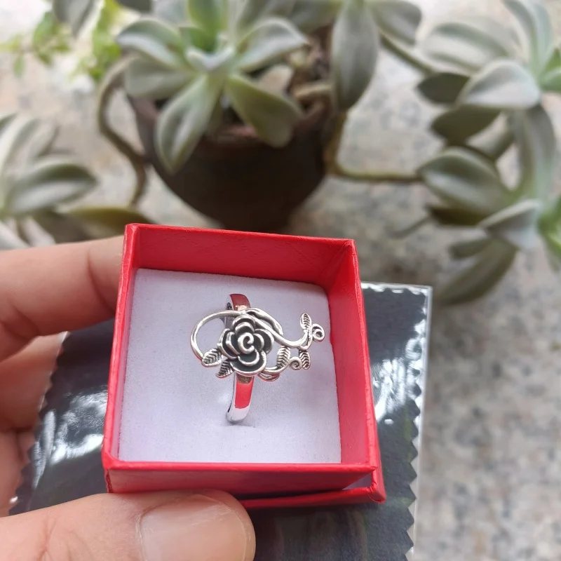 Buyee-Anillo grande de Plata de Ley 925 para mujer, anillo abierto con rosa gris, joyería fina de flor étnica a la moda, círculo con caja