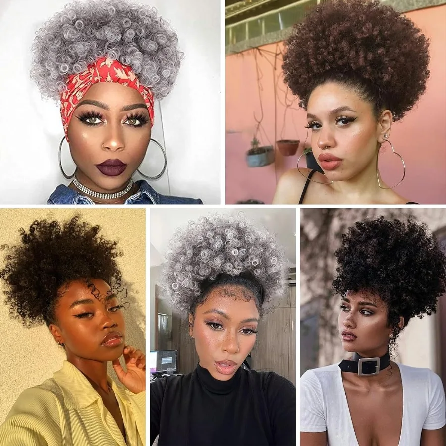 تمديد ذيل حصان أفرو منتفخ كبير جدًا للنساء ذوات البشرة السمراء مع شعر صناعي رمادي أومبير ومجعد ومشبك برباط