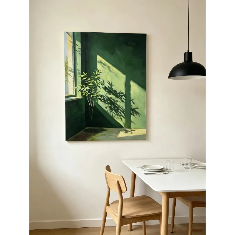 Textured 100% Hand Painted Canvas Art, Italian Minimalist Abstract Window Foliage Wall Decor for Entryway Living Room