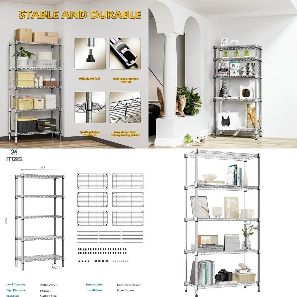 

5-ярусный металлический стеллаж для кладовки, гаража, кухни, прачечной - хромированный, 13.8x29.5x59.5