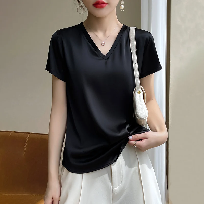 2024 Summer V-neck Basic Solid Causal Women\'s T-Shirts Short Sleeve Tees Tops Satin Silk Blouses Elegant Office Lady Thin Shirts