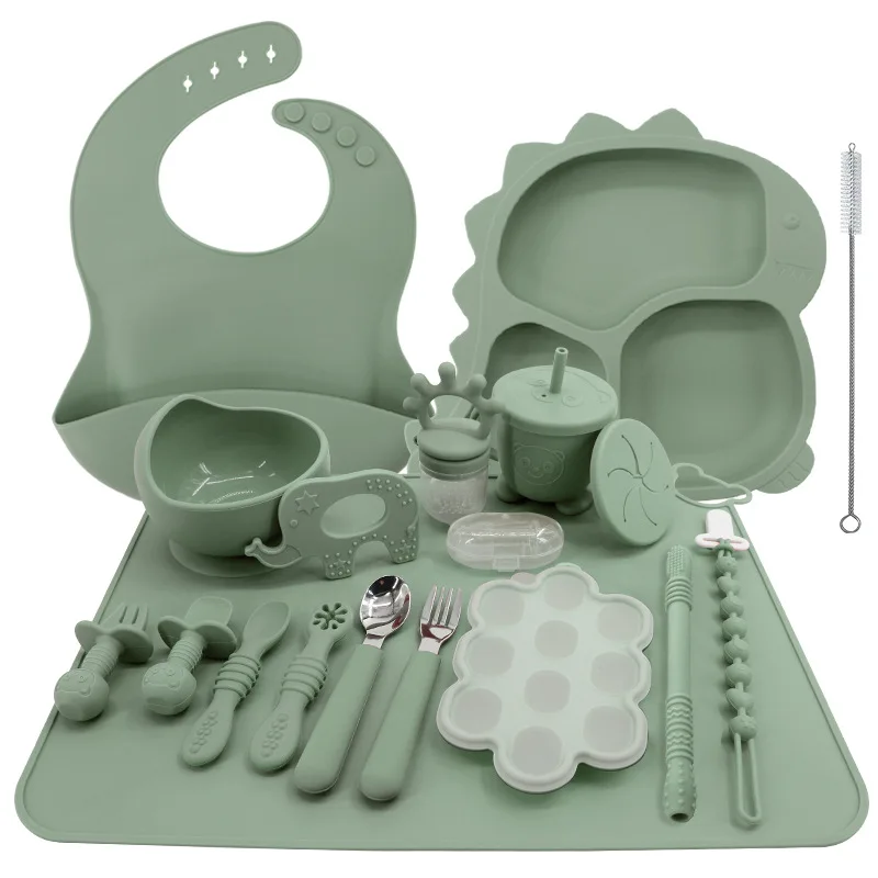 set-da-21-pezzi-per-l'alimentazione-del-bambino-in-silicone-kit-autoalimentazione-per-bambini-con-piatto-a-ventosa-dinosauro-ciotola-bavaglino-tovaglietta-tazza-con-beccuccio-e-giocattoli-massaggiagengive