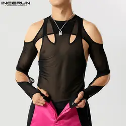 INCERUN-body de malla transparente para hombre, ropa interior Sexy de manga larga con cuello redondo, elegante, S-5XL, 2023