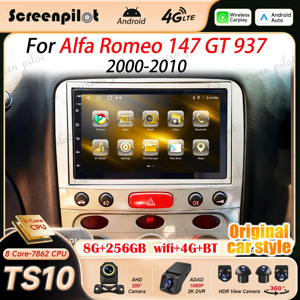 7 Inch Android 16 Car Radio Stereo For Alfa Romeo 147 GT 937 2000 2001 2002 2003-2010 Multimidia Player GPS Carplay Android Auto