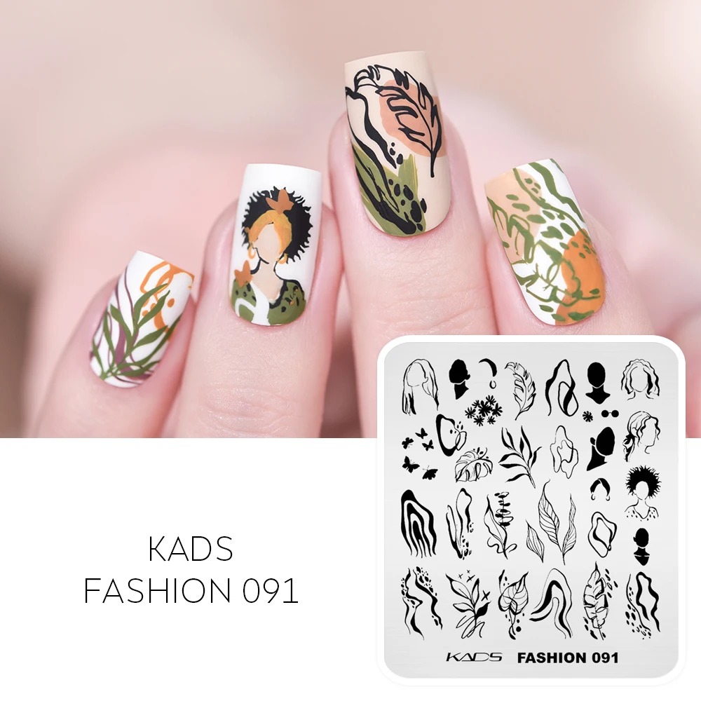 KADS Fashion 091 Nail Art Stamps Templates Stamping Plates Rectangle Abstract Curves Leaf Girl Template Plate Nail Art Stencil