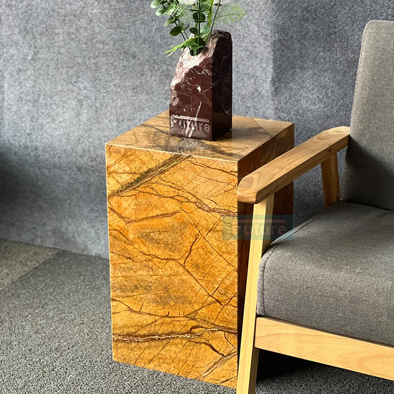 Würfel-Couchtisch aus natürlichem braunem Marmor mit niedrigem Sockel und Marmor für das Wohnzimmer, luxuriöser, natürlicher, maßgeschneiderter quaderförmiger Tee-Beistelltisch