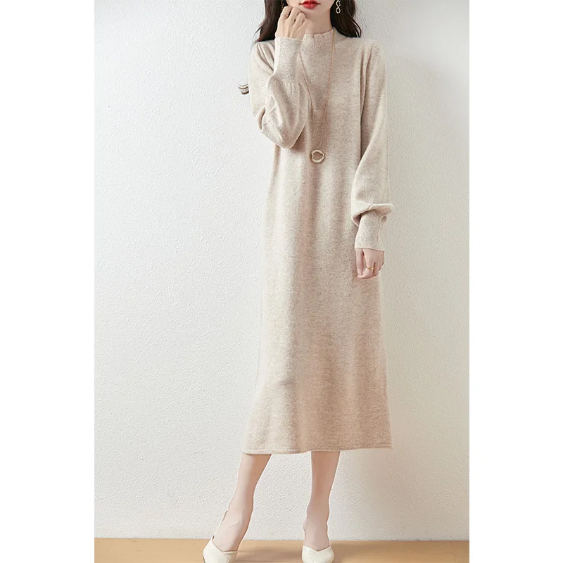 

Autumn Winter Women's Dress Cashmere Mock Neck Pullover Skirts 100% Merino Wool Knitwear Puff Sleeve Soft Straight Sweater Dress