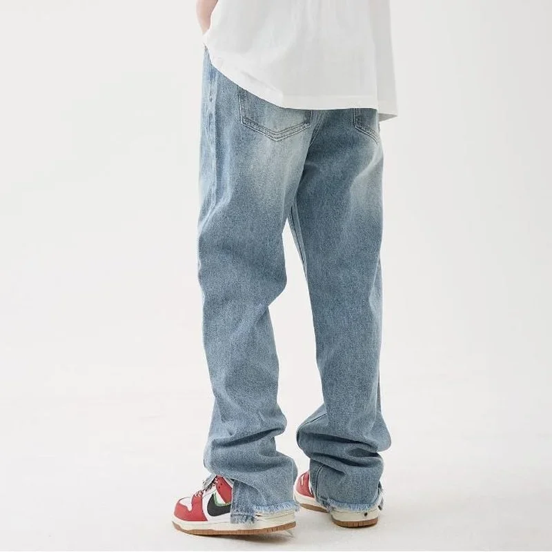 2024 novo americano fenda jeans primavera luz azul casual calças masculinas estilo rua caindo sentimento chão arrastando jeans retos