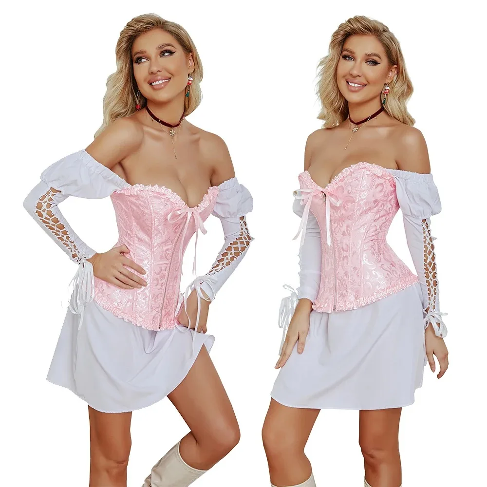 Jacquard Victorian Corset Top Zipper Gothic Bustier Overbust Lingerie Lace Medieval Women Sexy Vintage Halloween Costume view 4