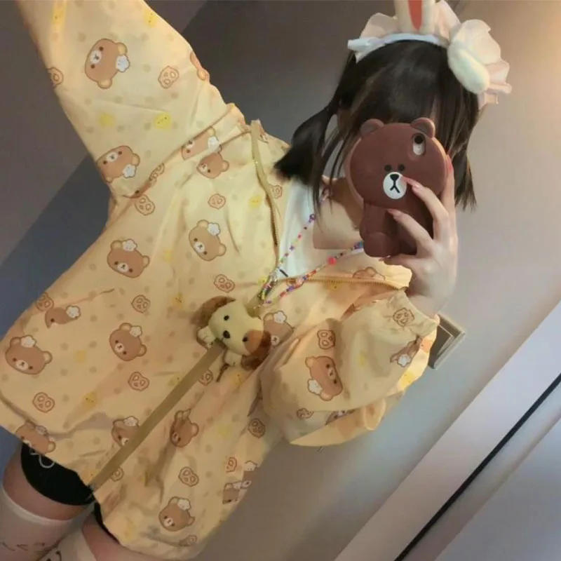 New Kawaii Cute Rilakkuma Long Sleeved Jacket Hooded Sun Protection Clothing Cartoon Anime Printed Sweet Tops Girl Birthday Gift