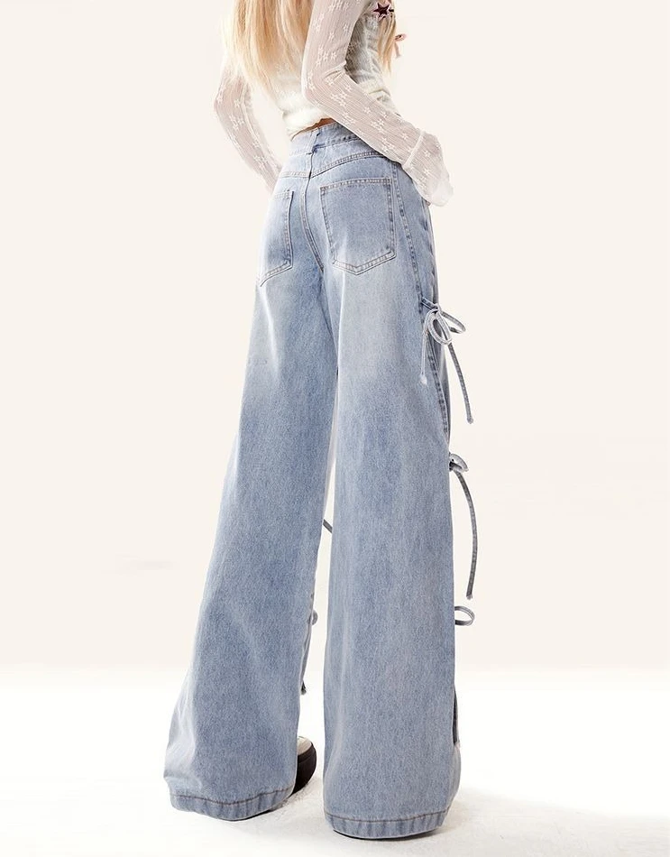 Jesienne nowe sznurowane dżinsy z muszką, damskie amerykańskie retro wszechstronne luźne spodnie z szerokimi nogawkami do podłogi