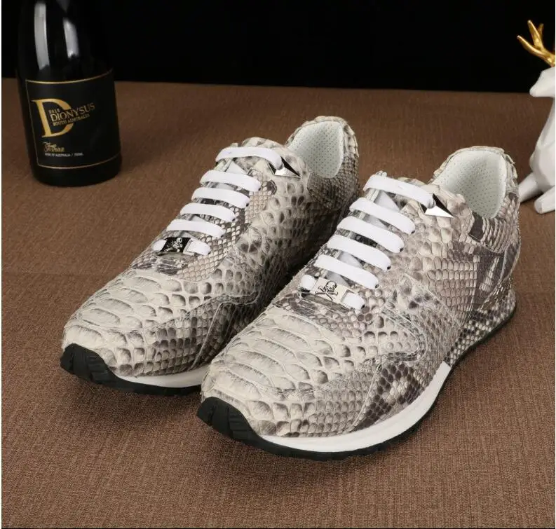 100% Genuine real python skin men shoe high end quality snake skin beige and grey color sport men shoe with cow lining free ship