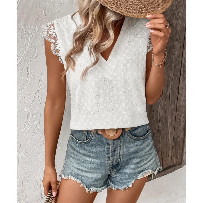 بلوزة نسائية صيفية كاجوال من الدانتيل بأكمام قصيرة وياقة مستديرة، قميص مستقيم من نسيج البوليستر بأكمام طائرة بلون واحد