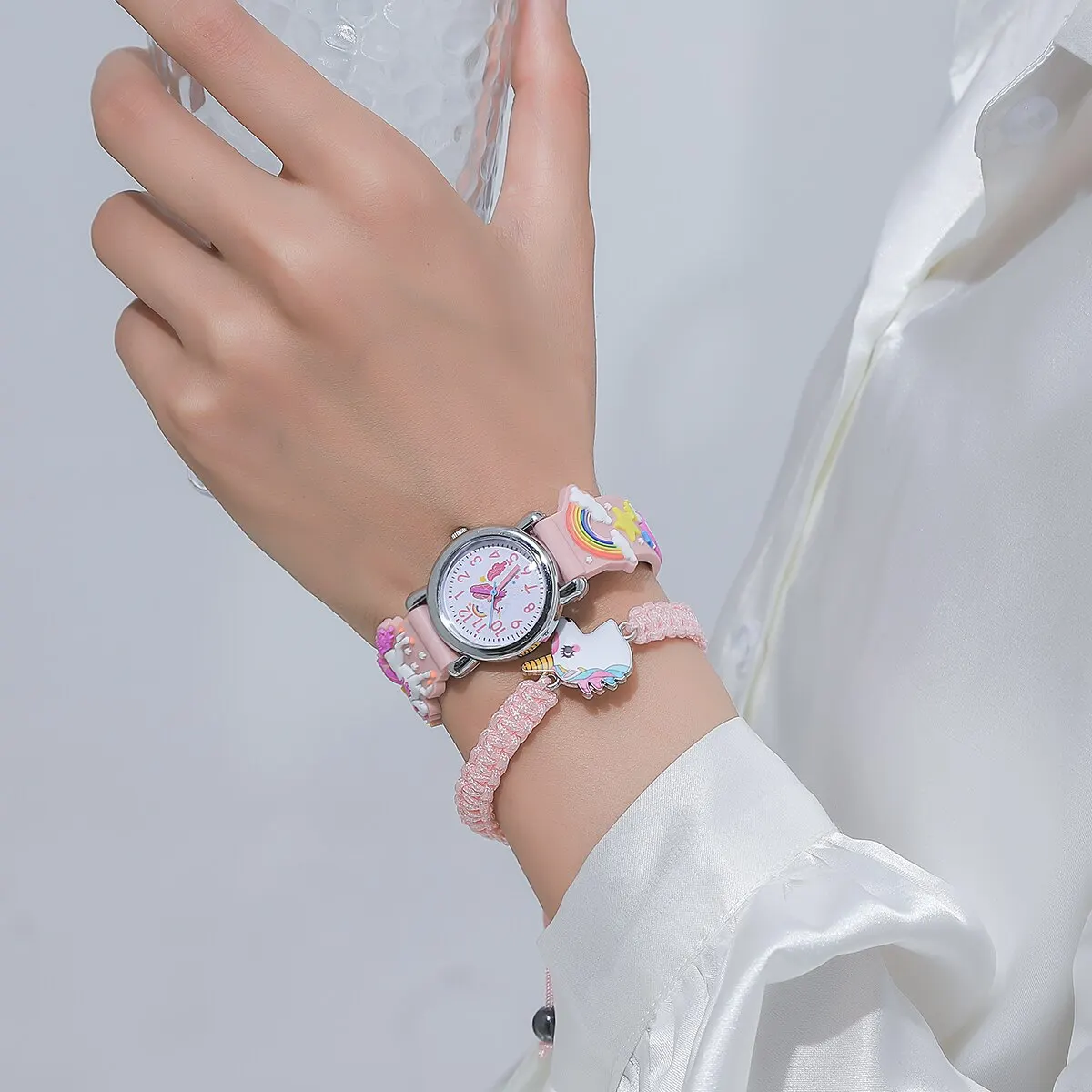 Kids Pink Cute Childrens Wristwatch Cartoon Pattern Quartz Watch Set For Girls Fashion Students Clock Relogio