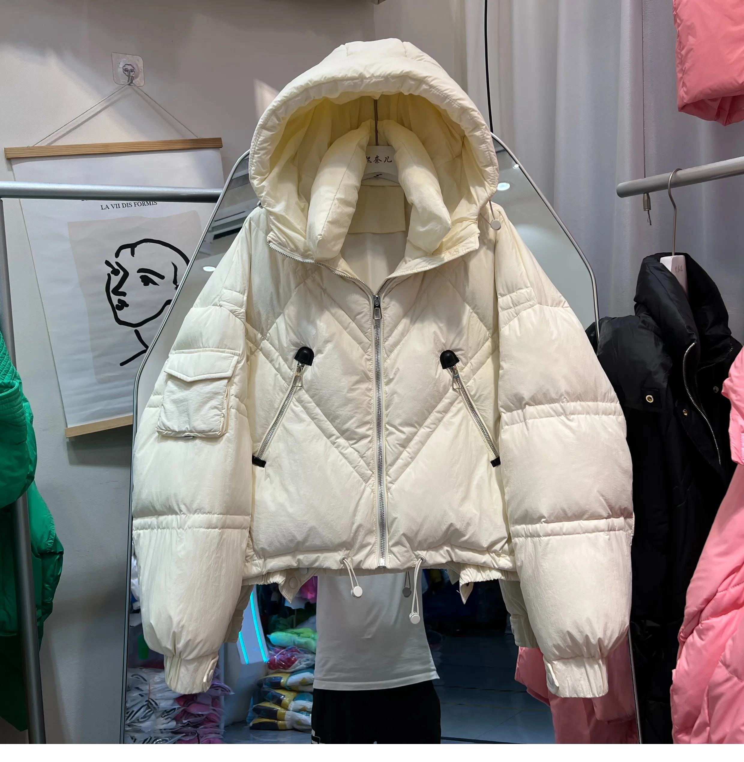 2023 Winter Womens Zipper Candy Color Puffer Jacket Female Loose Warm Short Hooded Parkas Long Sleeve Pocket Down Coats