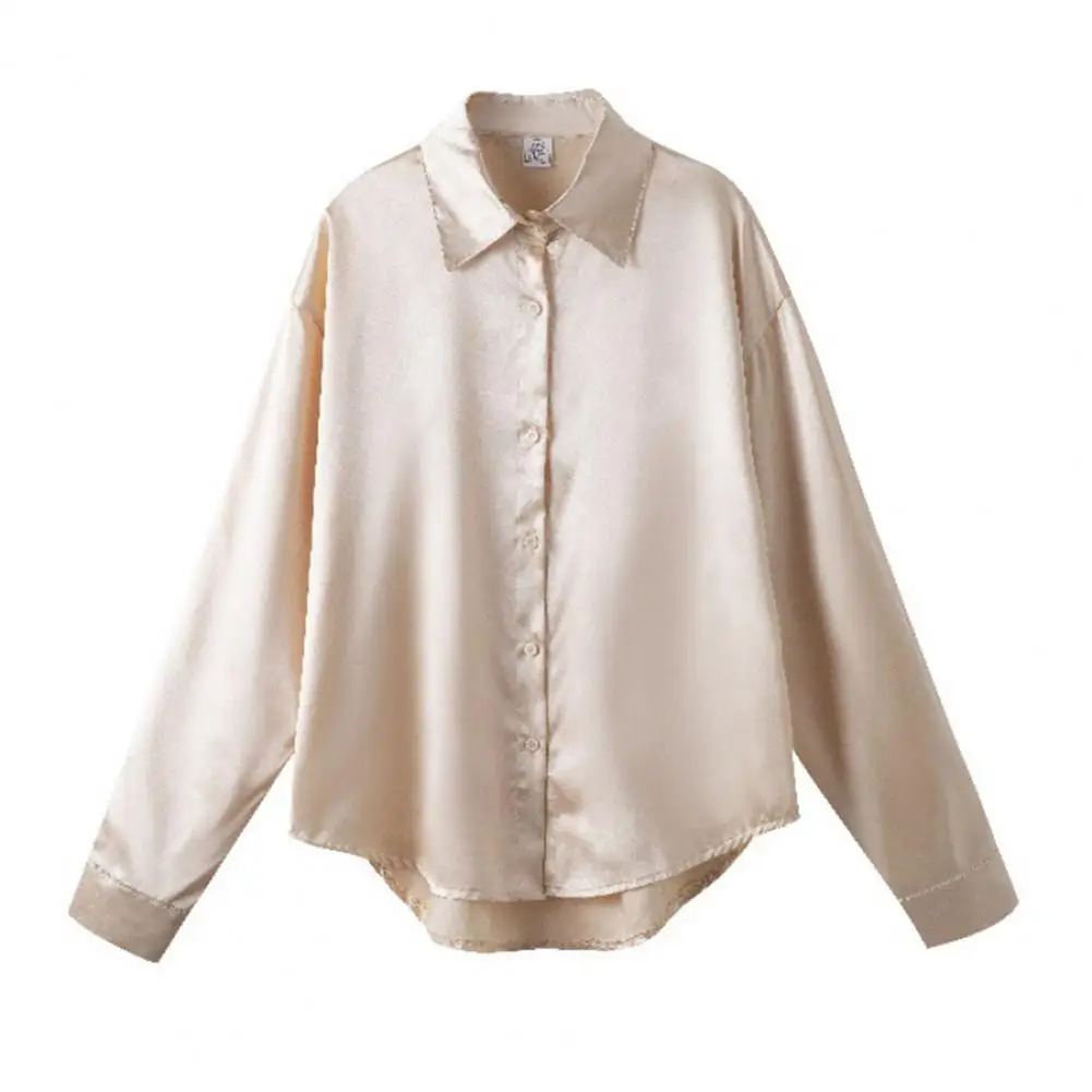 Satin Shirt Womens Clothing Silk Shirts Vintage Blouse Office Lady Sheer Top Lapel Single-breasted Solid Women Shirt Blouse