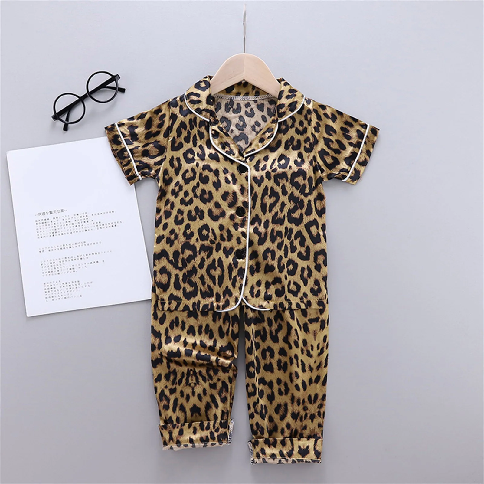 Leopard Full Print Children Pajamas Suit Silk Satin Short Sleeves Top+Trousers 2Pcs Baby Boys Girls Cartoon Satin Set Nightgown