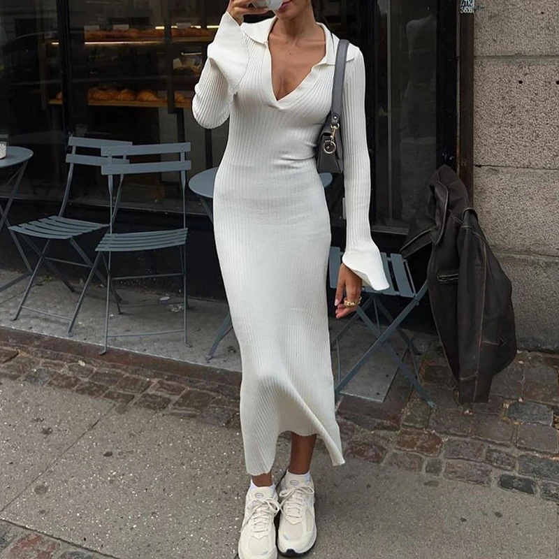 

OMSJ Fashion Casual Street Style Feminine Lapel Maxi Dress 2024 Autumn Winter Knitted Deep V Neck Slim Flare Sleeve Sexy Dresses